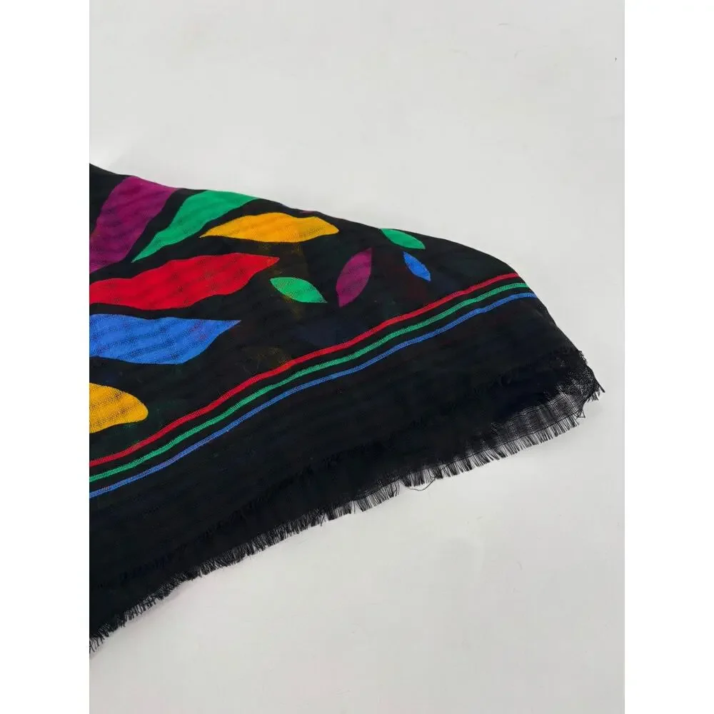 YSL Vintage Scarf Shawl Womens Black Multicolor Floral Fringe Sheer Wool Logo